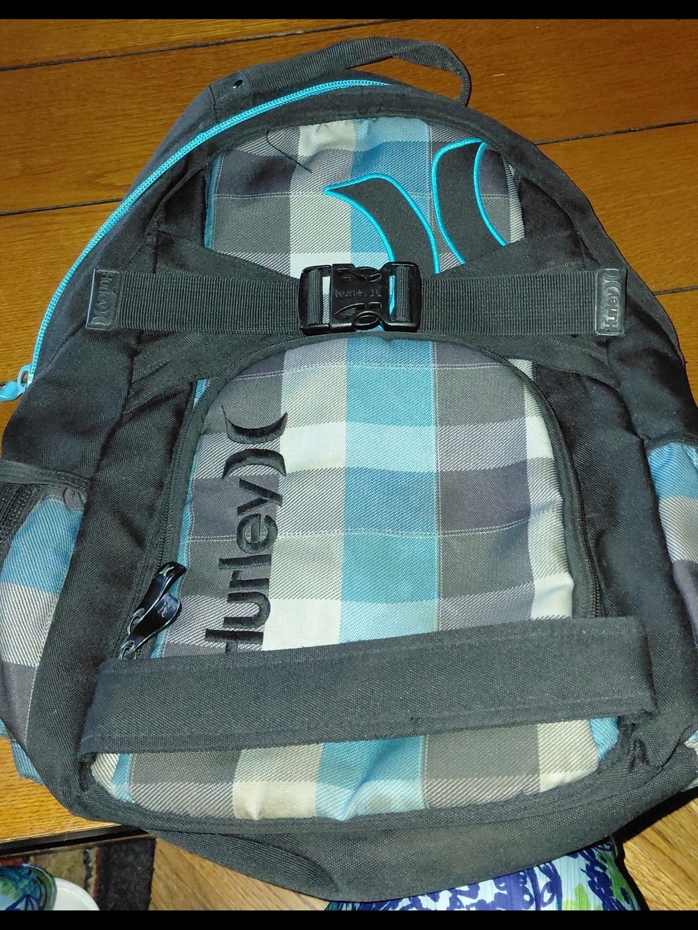 Vintage 2000 Hurley Skate-strap Black & Teal Plaid Backpack